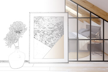 A sketch becomes a real fluffy dried flower in a green pot-bellied bottle next to a vertical poster on the attic floor. The bedroom in the background is visible through a glass partition. 3d rende