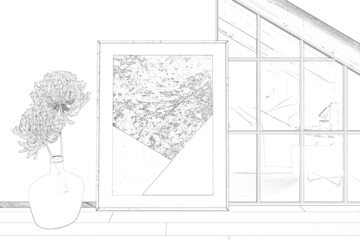 Sketch of fluffy dried flower in a pot-bellied bottle next to a vertical poster on the attic floor. The bedroom in the background is visible through a  partition. Close up. Mockup poster. 3d render