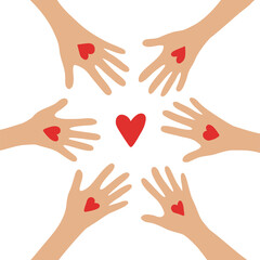 Hands with hearts. Circle. Charity and donation concept. I share my love. Hands holding a heart symbol. Flat style vector illustration.