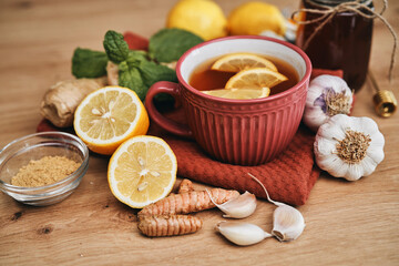 Natural antioxidants and winter tea and natural antioxidants on wooden desk