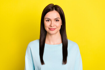 Photo of pretty adorable woman dressed blue pullover smiling isolated yellow color background