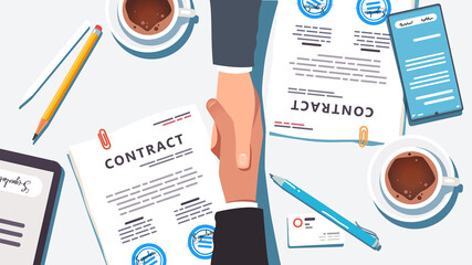 Closeup top view handshake partnership agreement - obrazy, fototapety, plakaty