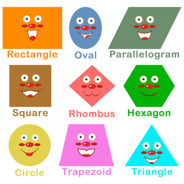 Set of various bright cartoon basic geometric figures with face emotions. Different shapes. Vector illustration and clipart for kids. Cute funny characters. 