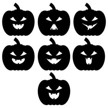 Cartoon halloween pumpkin vector icon with scary face. Black and white set icons.