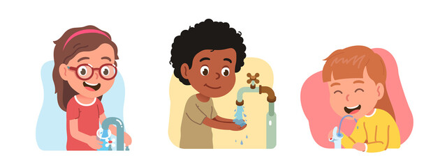 Kids characters quench thirst. Hydration, hygiene