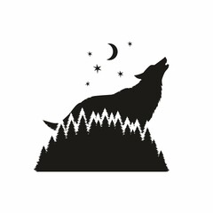 Black silhouette of a wolf howling at the moon against the background of the forest