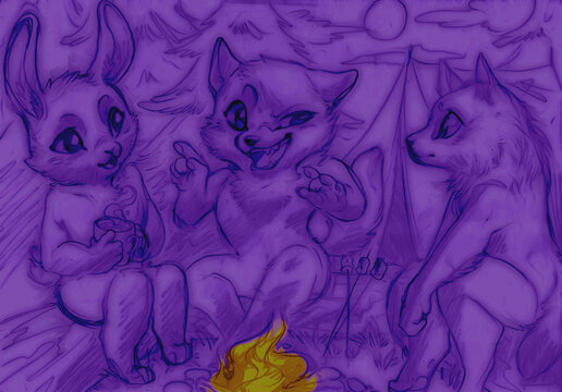 Illustration of a three cute anthropomorphic animals telling stories around a campfire