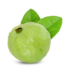 Guava fruit with leaf isolated on white background.