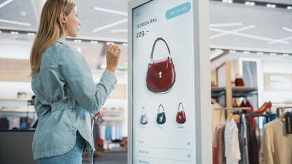 Beautiful Female Customer Using Floor-Standing LCD Touch Display while Shopping in Clothing Store....