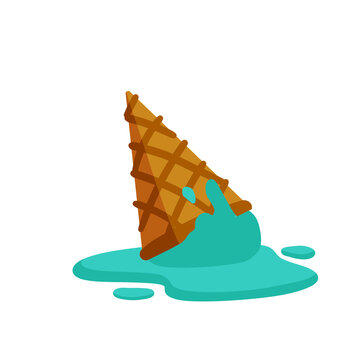 Melted ice cream in cone. Dessert fell to the ground. Sweet puddle. Flat cartoon illustration
