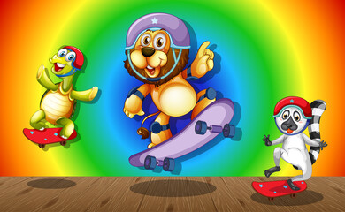 Naklejka premium Funny animals doing different activities on rainbow gradient background