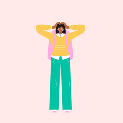 Confused black skin girl. Young female cartoon character standing in doubt. Teenager thinking of dilemma. Isolated puzzled student with a backpack. Flat vector illustration. Eps 10.