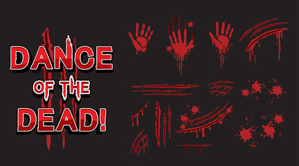 Dance of the dead text design with bloody hand prints
