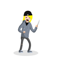 Angry young woman with knife. Street Crime. Criminal guy offender. Robber thief in hoodie. Urban security problem - Cartoon flat illustration