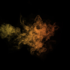 Colored yellow steam, smoke on a black background to superimpose on your photos. Yellow-orange smoke, steam