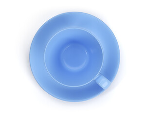 Blue coffee or tea cup with saucer top view isolated on a white background