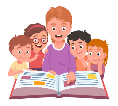 Teacher reading to kids. Kindergarten or school