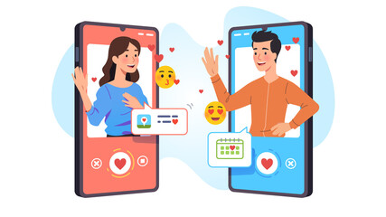 Man, woman lovers couple chatting via dating app