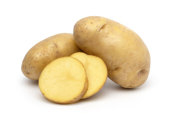 raw potatoes and slices isolated on white background, with clipping path.