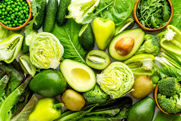 Green vegetables flat lay. Vegetarian food background