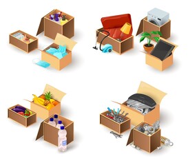 Cartoon set of packing family personal stuff, relocation, moving day to new place. Vector package cargo, furniture, food, household goods, ready for transportation concept isolated on white