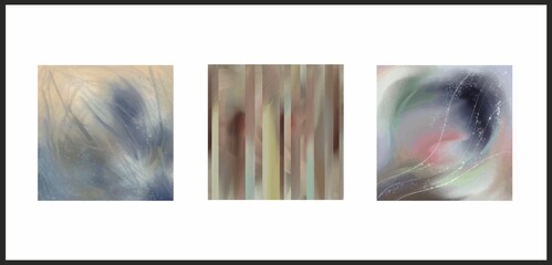 A set of three paintings. Abstract art oil paints canvas painting complex pastel colors gray lilac background. Square painting for a stylish interior. Vector.