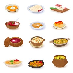 Collection of ukrainian dishes, homemade food, tasty and fresh served in plates and pot. Vector meals from oven, ethnic foods design. Isolated on white background