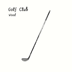 Golf Club types. Wood. Ink black and white doodle drawing in woodcut style.