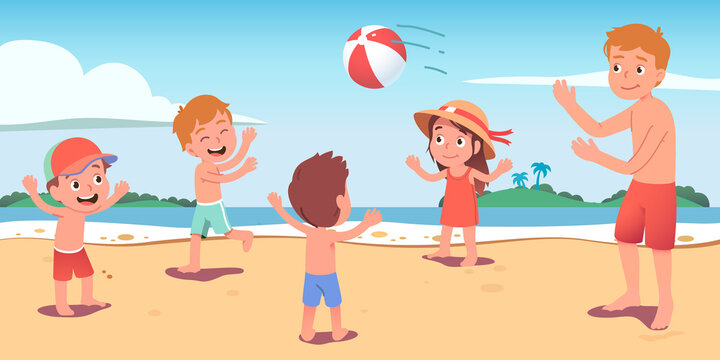 Kids, father playing beach ball at summer seaside