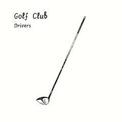 Golf Club types. Drivers. Ink black and white doodle drawing in woodcut style.
