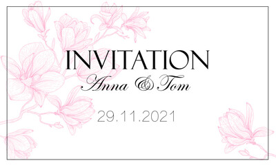 Vector illustration of a wedding invitation. Business card template. Delicate graphic pink magnolia flowers © Viktoriia Holovko