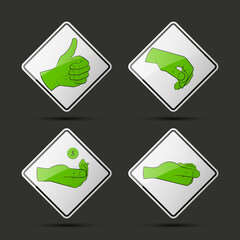 Collection human hand various gestures sketch on background road sign, thumbs up knuckles outline, open palm icon. Set of icons with gestures of human hands