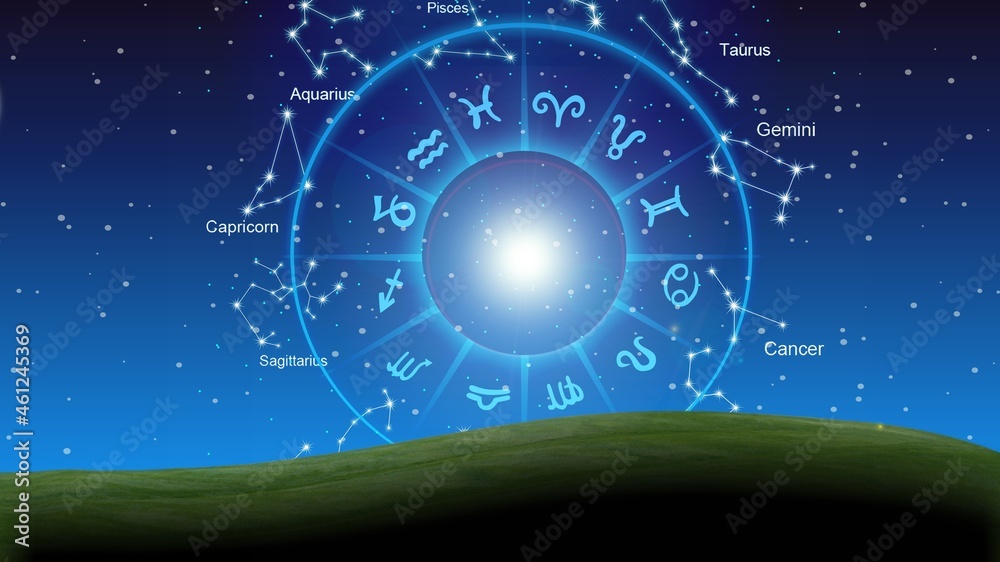 Sticker Astrological zodiac signs inside of horoscope circle in the sky