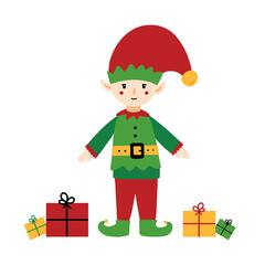 Cute christmas elf character in green costume with bunch of gifts, presents, packages for christmas celebration vector cartoon style illustration.