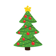 Cute decorated christmas tree with garlands, christmas balls and star vector cartoon style icon, illustration.