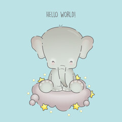 Cute baby elephant on a grey cloud
