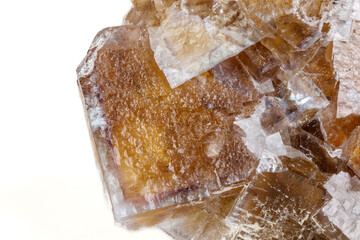 Macro mineral stone yellow Fluorite on a white background