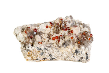 Macro mineral stone Spessartine, Feldspar, Smoky quartz, on a white background