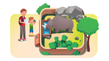 Kid, father parent taking rhinoceros photo in zoo