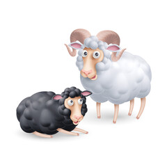 Cute and Funny Two Black and White Sheep Characters. Cartoon Illustration of Pair Sheep on White Background. Perfect Template for Children Event Designs, Birthday Cards, or Book Covers