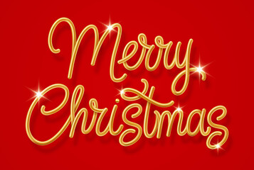 Golden Text Merry Christmas on Red Background with Golden Shiny Glitter. Creative Typography for Christmas and New Year Season. Perfect for Greeting Card, Holiday Greeting Gift Poster