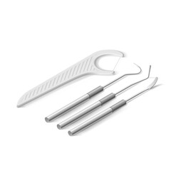 Basic Dentist Instruments and Tools. An Isometric Set of Metal Medical Equipment for Teeth Dental Care. Dental Hygiene and Healthcare Concept on White Background