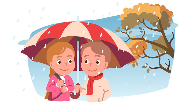 Girl and boy couple under umbrella smiling at each other