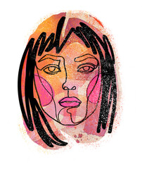 Ilustracja przedstawiająca portret dziewczyny w kolorach pomarańczowym, magenty, żółtym i beżowym z konturem czarnej linii. Grafika cyfrowa przeznaczona do druku na tkaninie, t-shircie, plakacie.