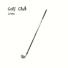 Golf Club types. Irons. Ink black and white doodle drawing in woodcut style.