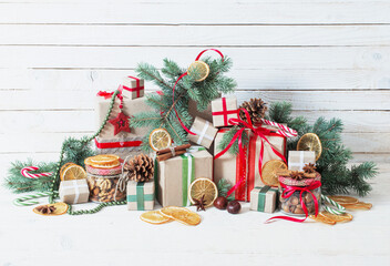 Christmas gifts on  wooden background