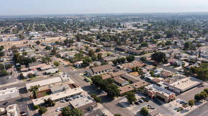 Morning aerial view of the downtown area of Tulare, California, USA.