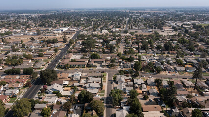 Morning aerial view of the downtown area of Tulare, California, USA.
