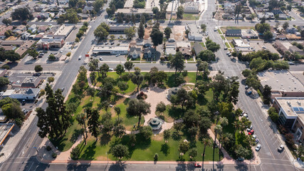 Morning aerial view of the downtown area of Tulare, California, USA. - obrazy, fototapety, plakaty