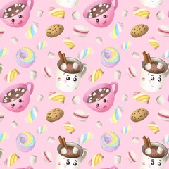 Obraz premium cartoon, seamless, pattern, baby, illustration,design, marshmallow, cacao, character, sweet, pink, gentle